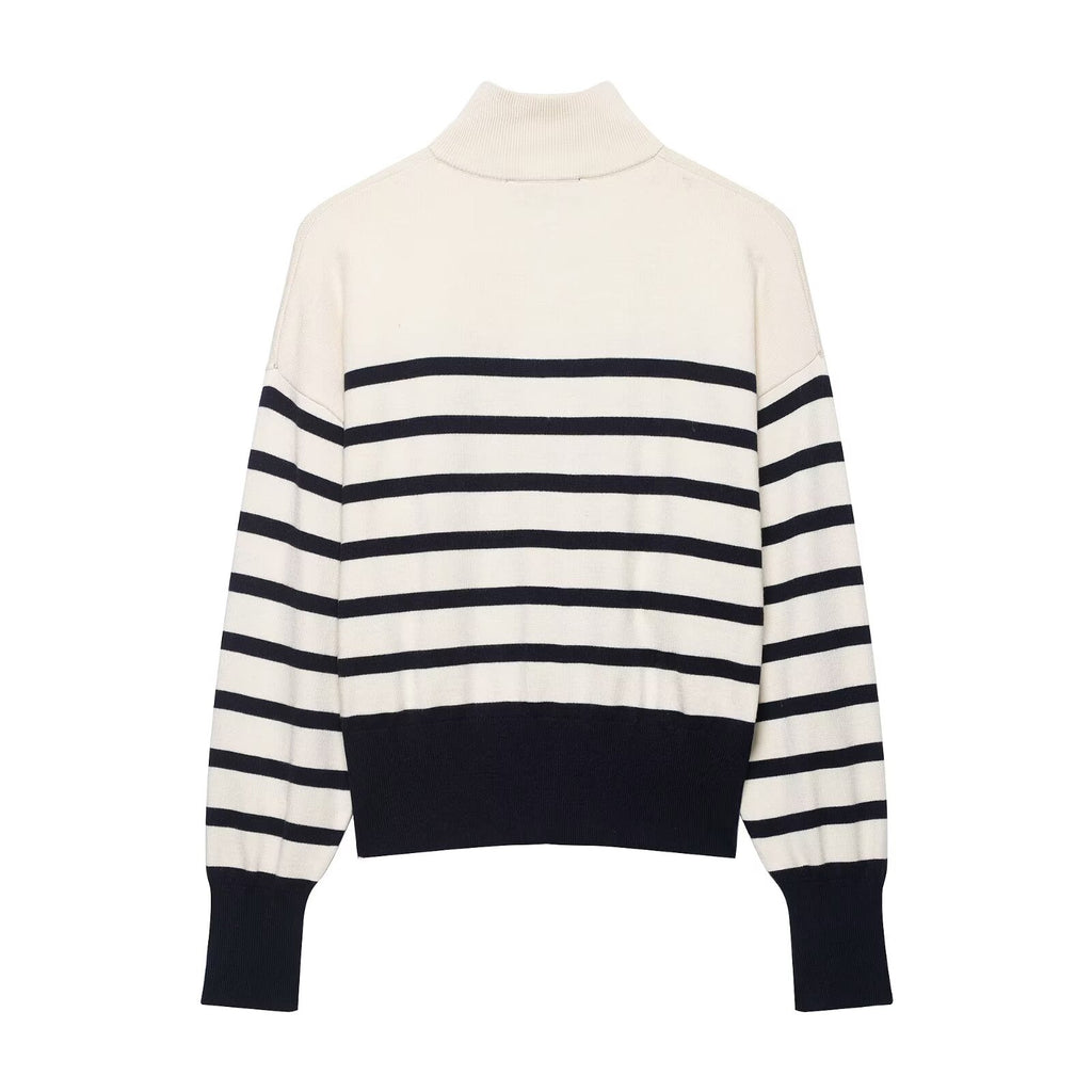 Striped High-Neck Zip Knit Sweater