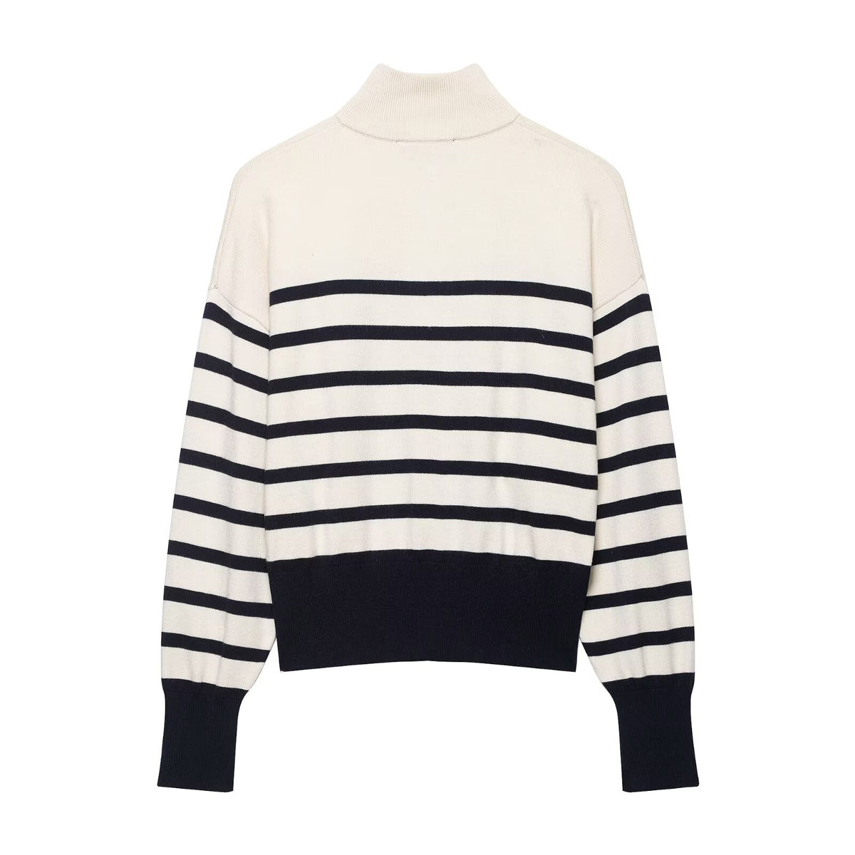 Striped High-Neck Zip Knit Sweater