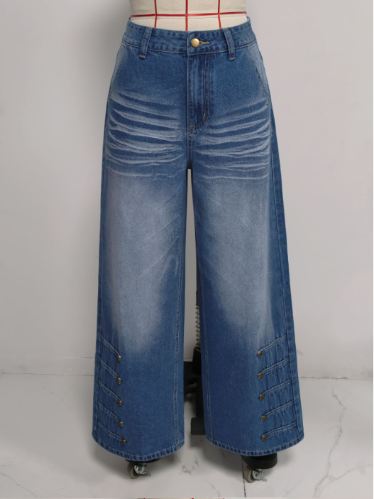 Women's Wave Cat Washed Wide-Leg Jeans High Waist Retro Breasted Pants