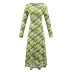 Round Neck Chic Slim Fit Long Sleeved Dress Retro Plaid Printed Mesh Maxi Dress