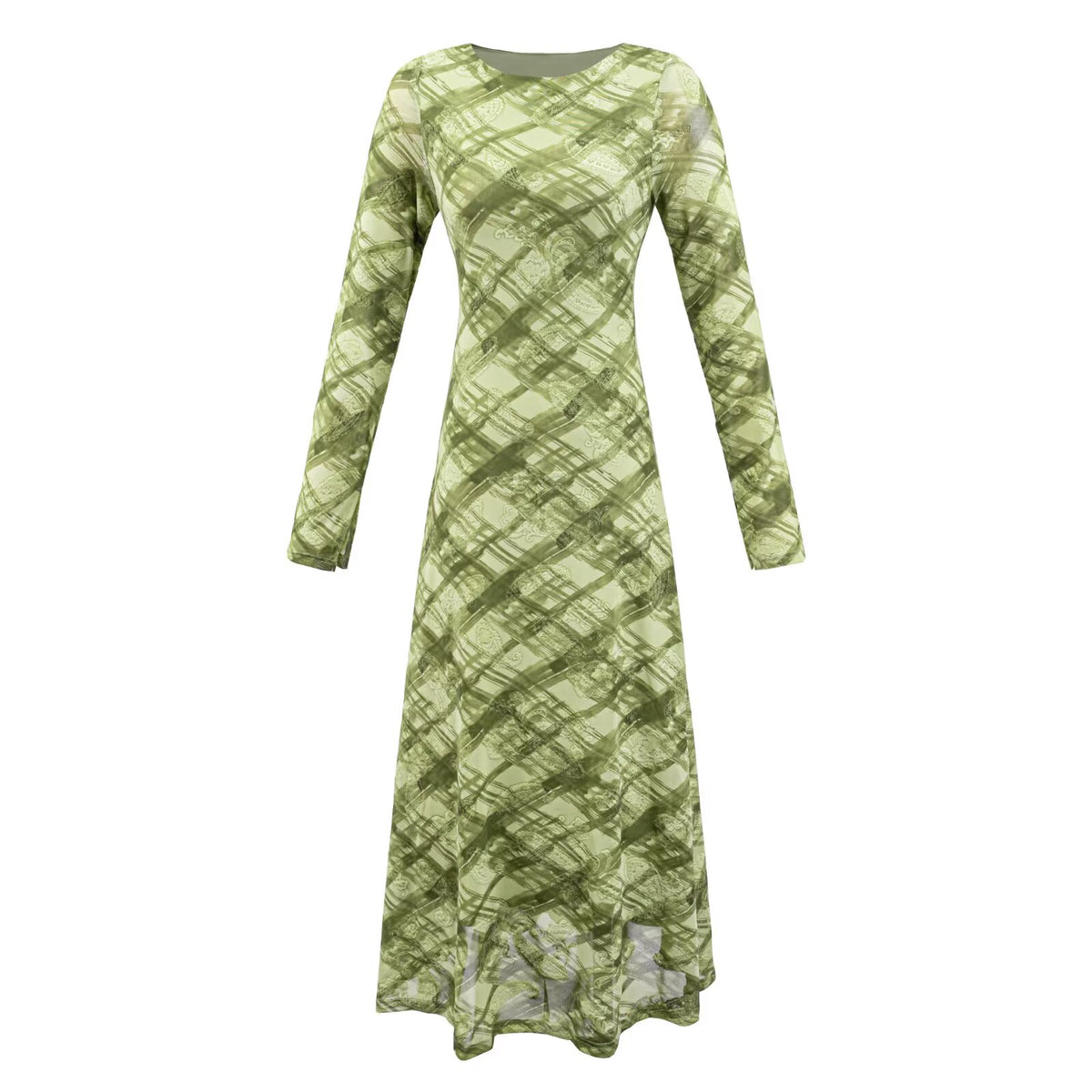 Round Neck Chic Slim Fit Long Sleeved Dress Retro Plaid Printed Mesh Maxi Dress