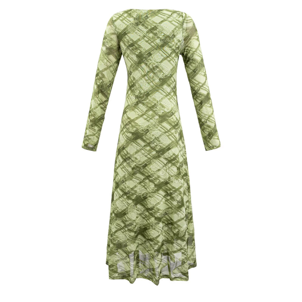 Round Neck Chic Slim Fit Long Sleeved Dress Retro Plaid Printed Mesh Maxi Dress
