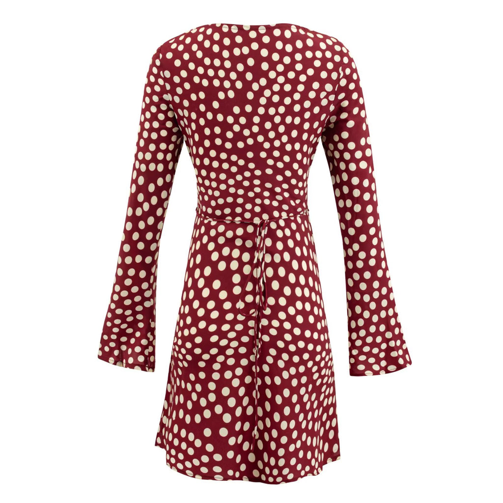 Women Clothing Vintage Polka Dot Long Sleeve Slim Dress Slip Skirt Set