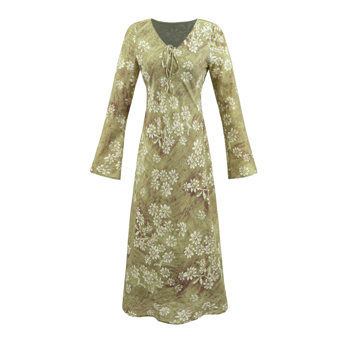 V neck Bell Sleeve Dress Retro V neck Slim Mid Length Vacation Dress
