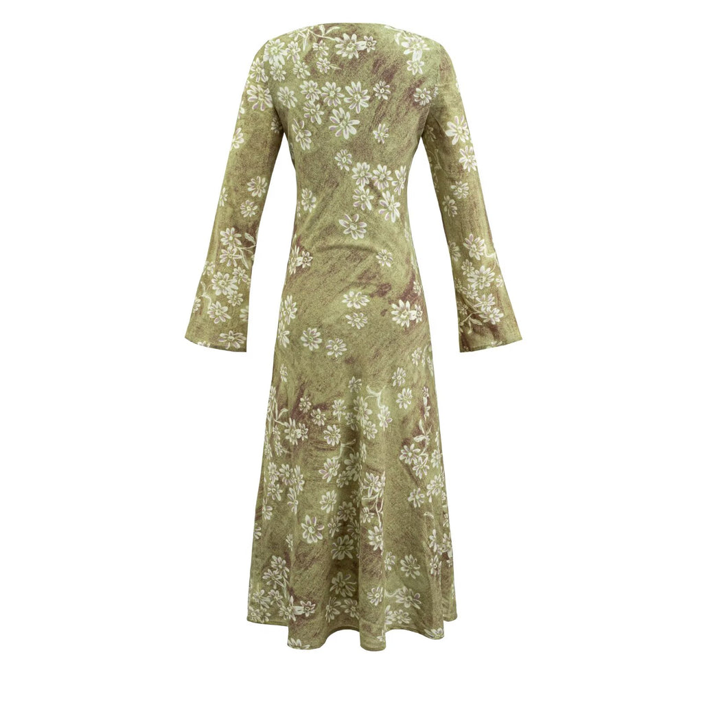 V neck Bell Sleeve Dress Retro V neck Slim Mid Length Vacation Dress