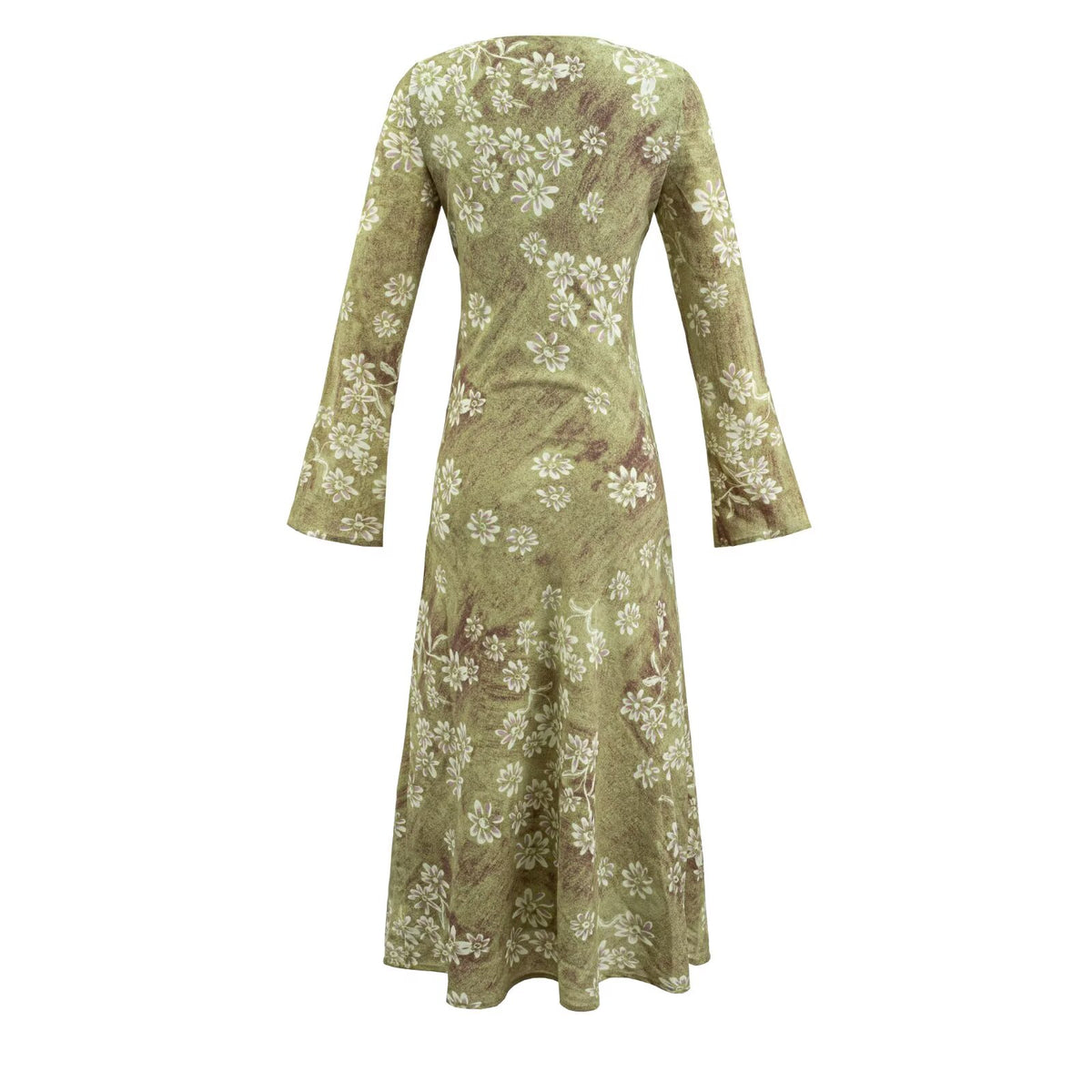 V neck Bell Sleeve Dress Retro V neck Slim Mid Length Vacation Dress