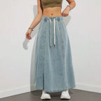 High-Waist Drawstring Denim Maxi Skirt