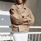 Women Clothes Beige Chic Apricot Collared Double Breasted Cropped Leather Coat Women