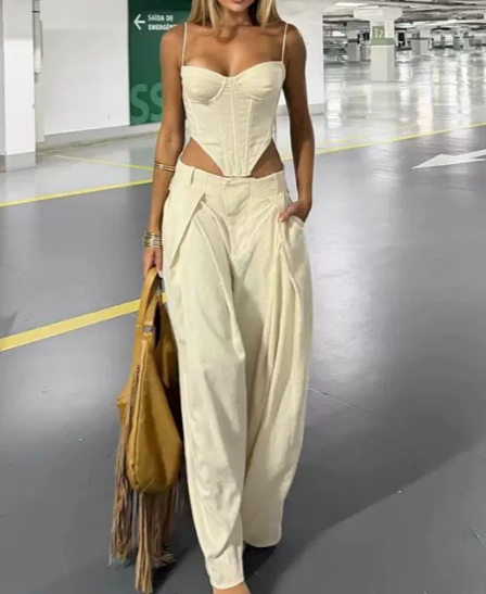 Women Clothing Sexy All Match Boning Corset Waist Three Dimensional Steel Ring Top Wide Leg Pants