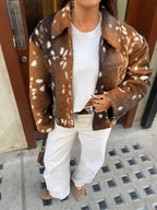 Women Clothing Autumn Winter Retro Deer Print Zipper Blazer Jacket