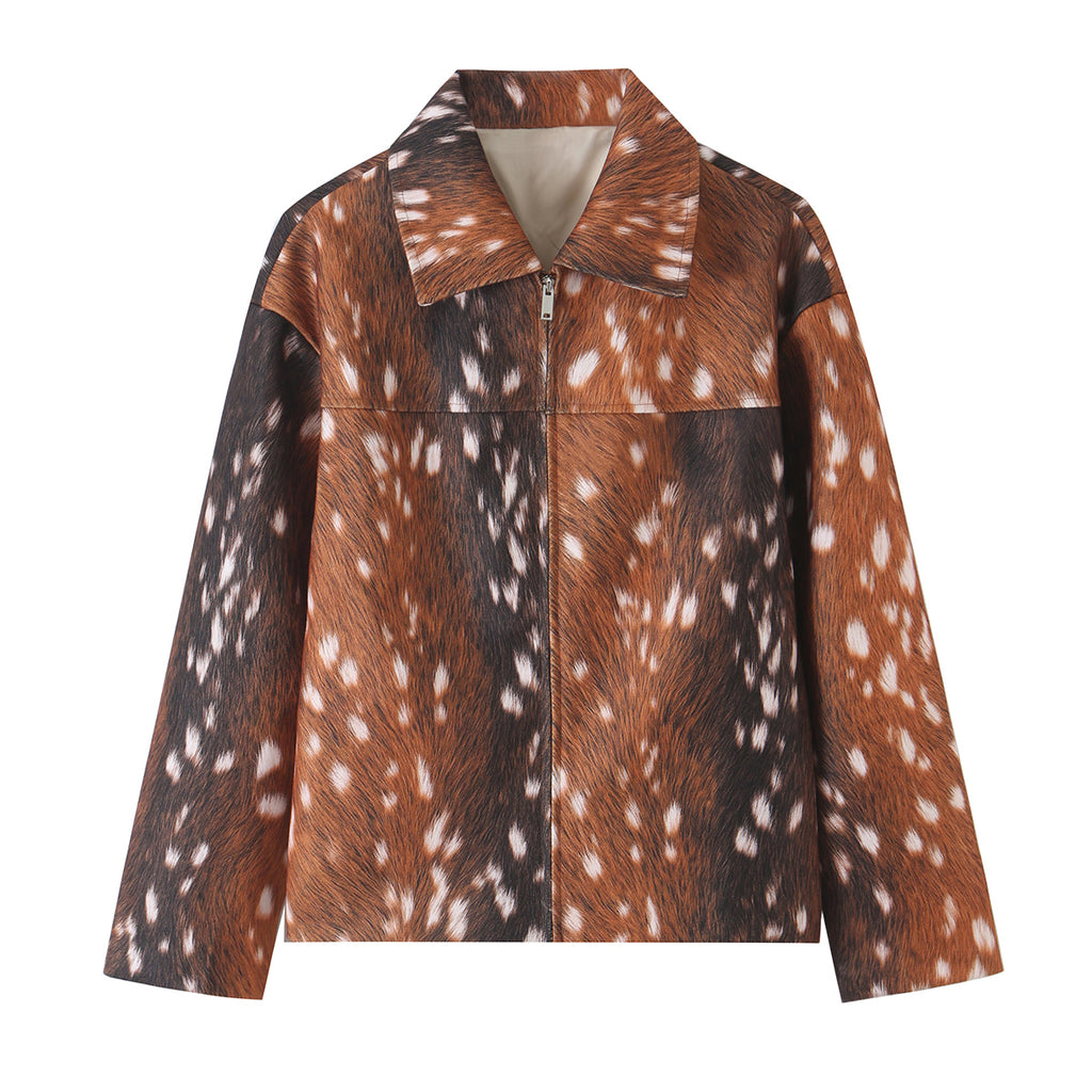 Women Clothing Autumn Winter Retro Deer Print Zipper Blazer Jacket