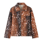 Women Clothing Autumn Winter Retro Deer Print Zipper Blazer Jacket