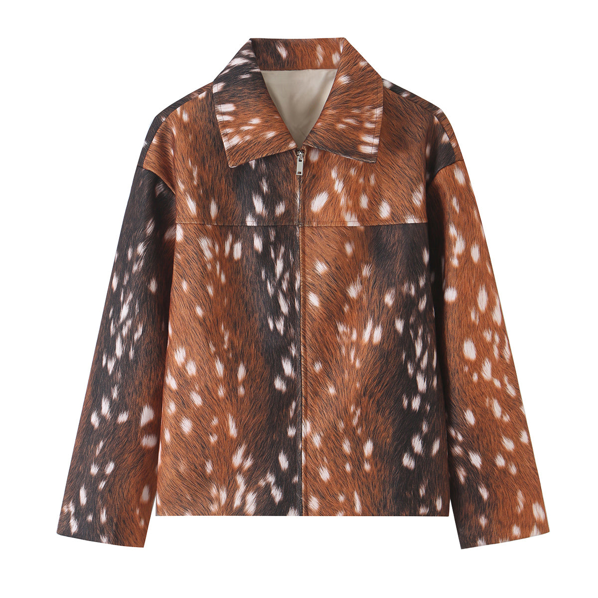 Women Clothing Autumn Winter Retro Deer Print Zipper Blazer Jacket