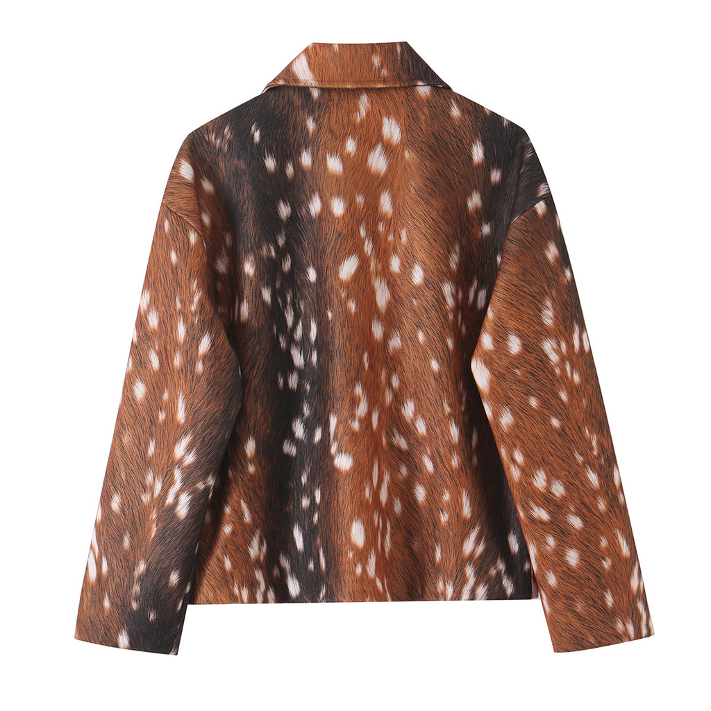 Women Clothing Autumn Winter Retro Deer Print Zipper Blazer Jacket