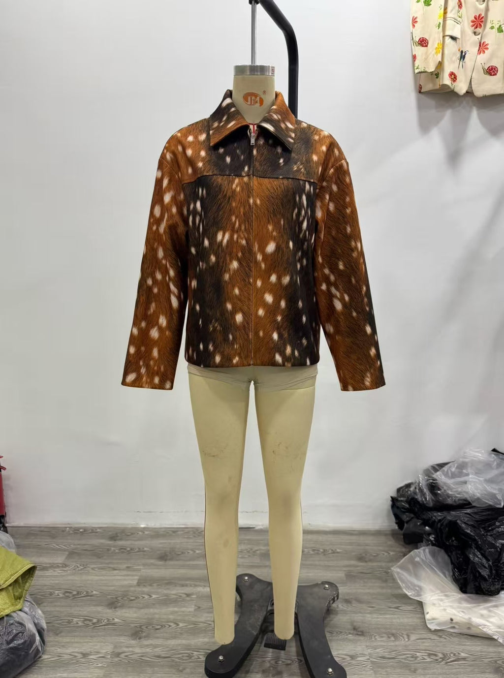 Women Clothing Autumn Winter Retro Deer Print Zipper Blazer Jacket