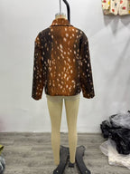 Women Clothing Autumn Winter Retro Deer Print Zipper Blazer Jacket