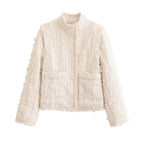 Fur-Collar Jacquard Cardigan Jacket