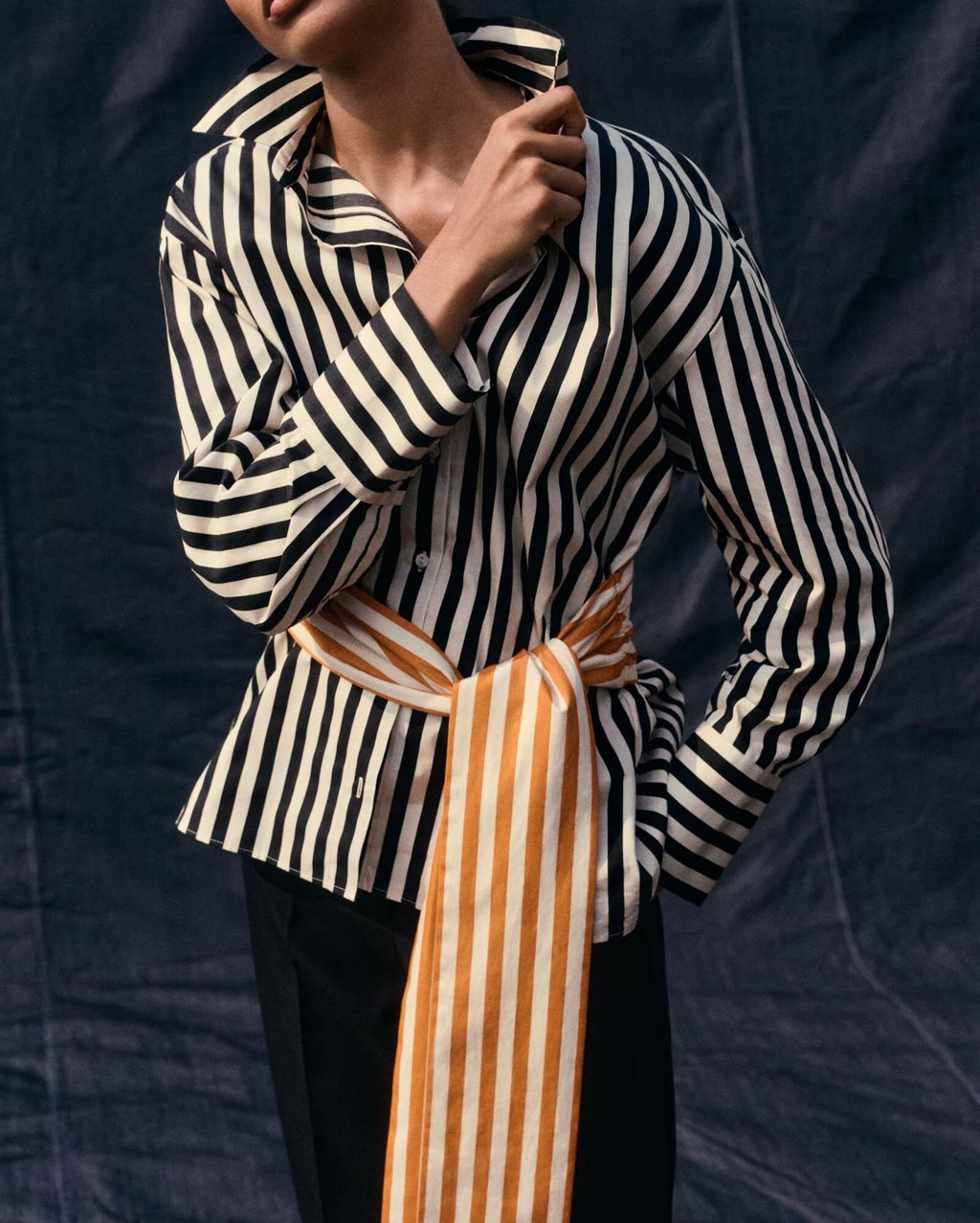 Women's Women Clothing Autumn Waist Stitching Belt Striped Shirt Top
