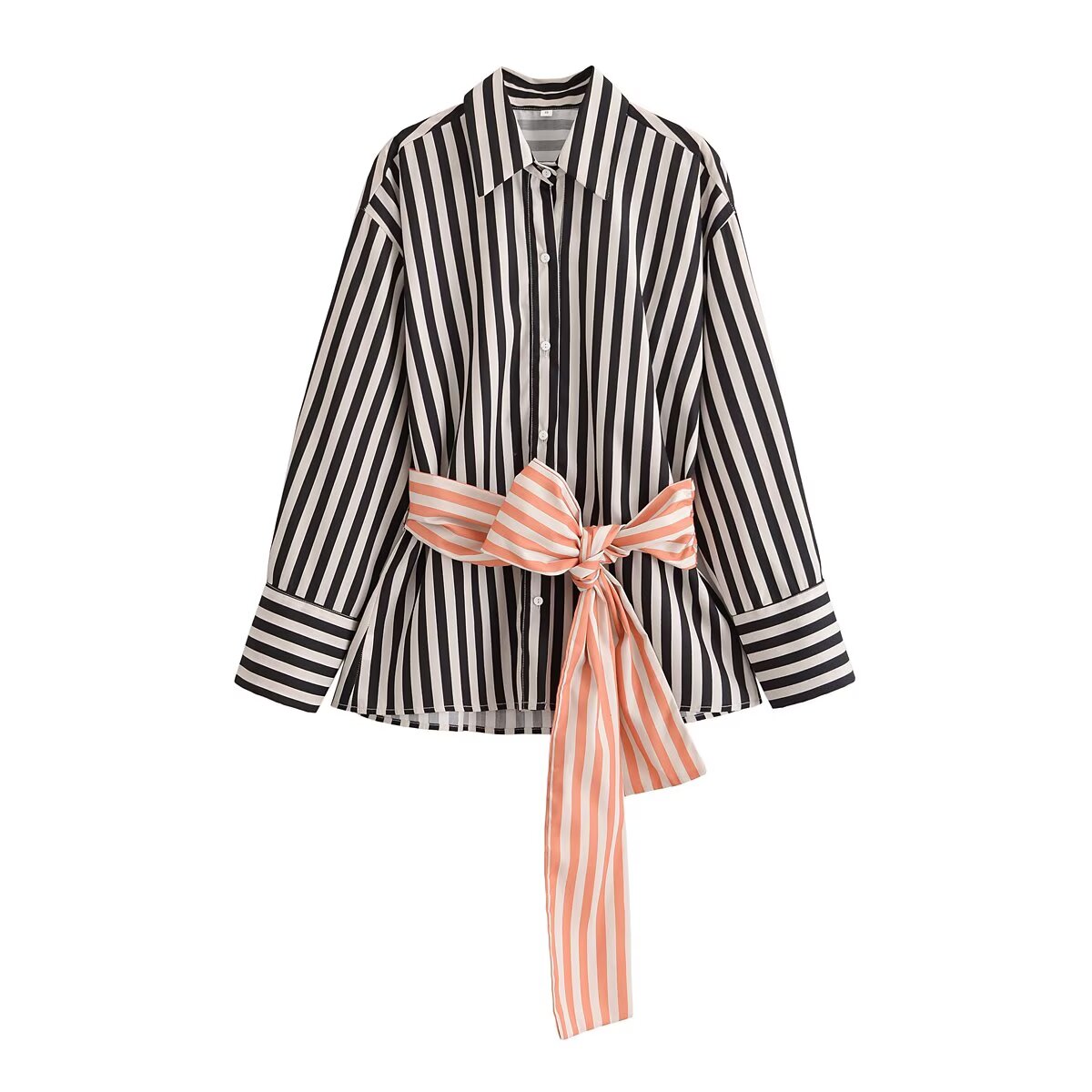 Women's Women Clothing Autumn Waist Stitching Belt Striped Shirt Top