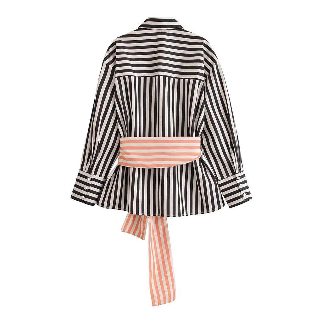 Women's Women Clothing Autumn Waist Stitching Belt Striped Shirt Top