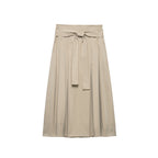 Women's Women Clothing Retro All Match Mid Waist Belt Pleated Midi Skirt