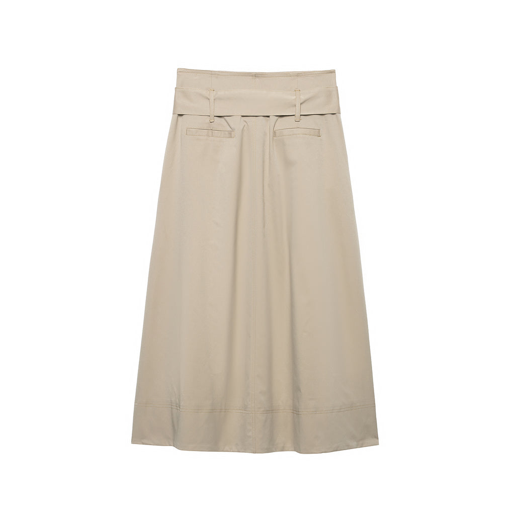 Women's Women Clothing Retro All Match Mid Waist Belt Pleated Midi Skirt