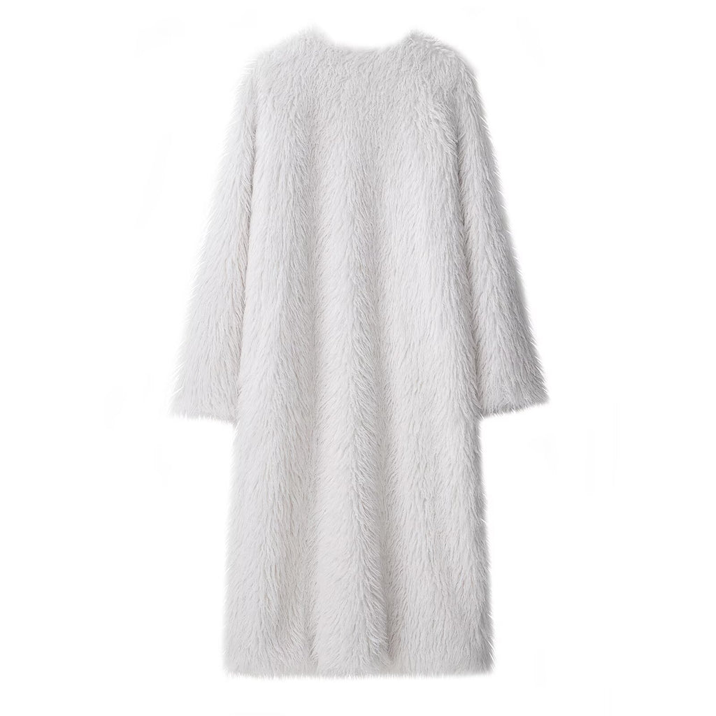 Women's Autumn Faux Fur Round Neck Artificial Wool Long Solid Color Coat Overcoat