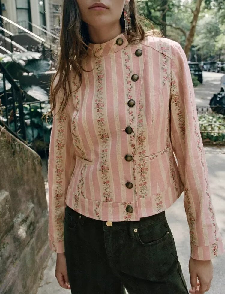 Women's Women Clothing Autumn Pastoral Jacquard Striped Floral Jacket Coat