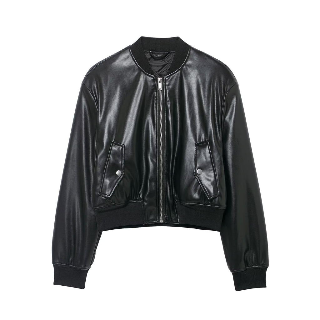 Women's Black Faux Leather Bomber Jacket