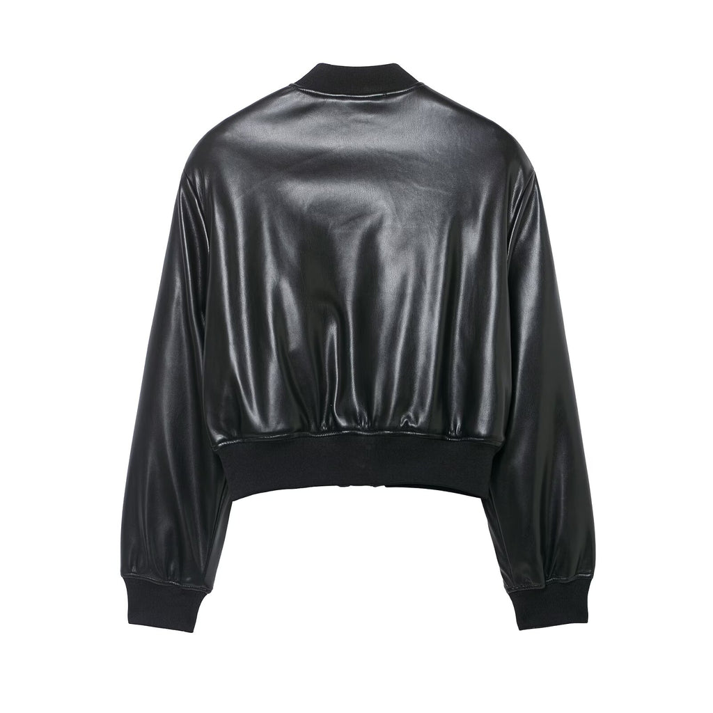 Women's Black Faux Leather Bomber Jacket