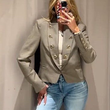 Women Clothing Autumn All Match Double Row Ornament Two Color Collared Blazer