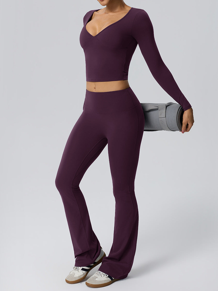 Women's Sexy V Neck Yoga Long Sleeve Nude Feel Quick Drying Double Sided Sanding With Chest Pad Sportswear Workout Top