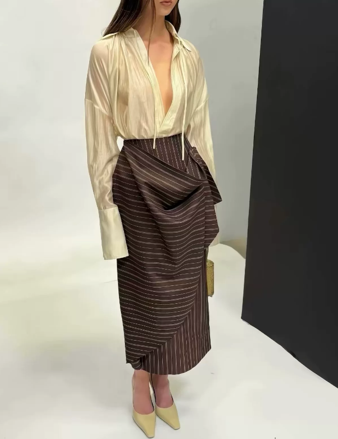 Women's Sheer V-Neck Shirt & Skirt Two-Piece Set