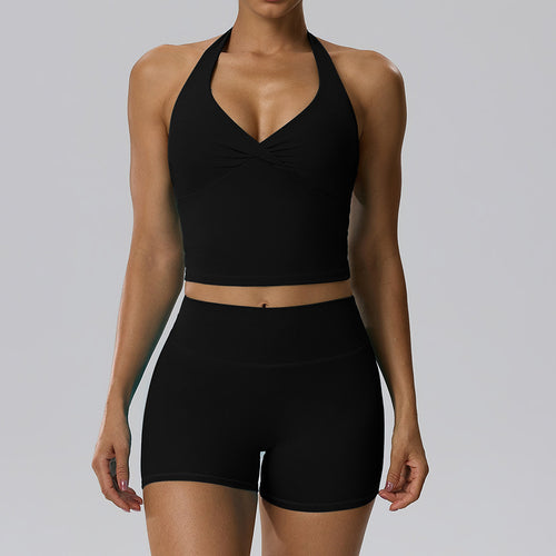Yoga Nude Feel High Elastic V neck Vest Bum Lift Shorts Fitness Sports Two Piece Set