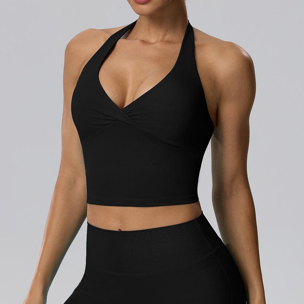 Women's Halter Yoga Vest Women Chest Pad Deep V Plunge Beauty Back High Elastic Breathability Sports Fitness Backless Top