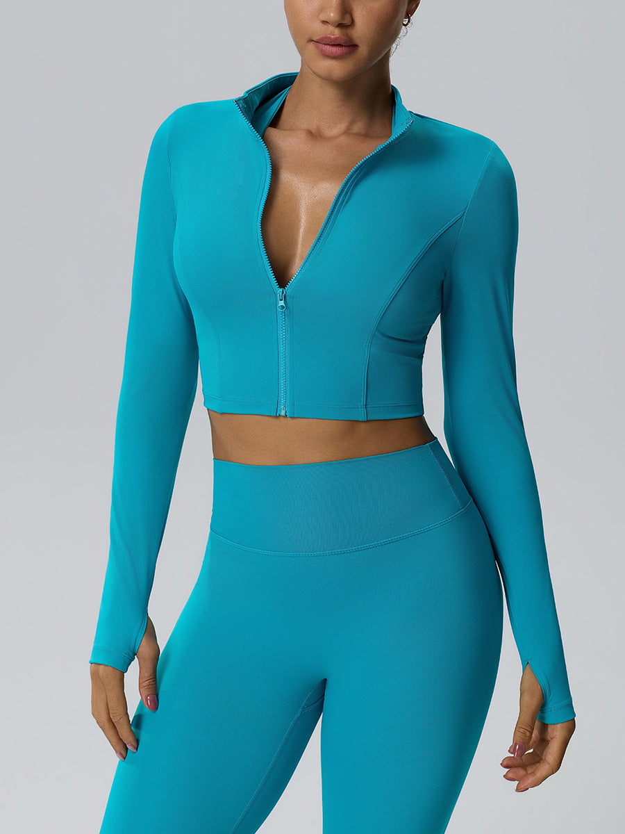 Women's Short Sports Jacket Stand Collar Zipper Slim Fit Quick Drying Long Sleeve Cardigan Outdoor Exercise Yoga Clothes