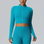 Women's Short Sports Jacket Stand Collar Zipper Slim Fit Quick Drying Long Sleeve Cardigan Outdoor Exercise Yoga Clothes