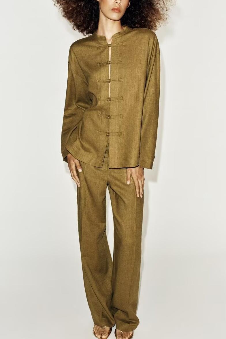 Women's Button Shirt & Straight-Leg Pants Set