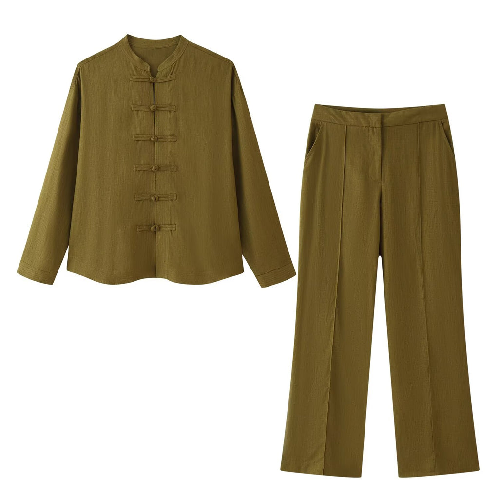 Women's Button Shirt & Straight-Leg Pants Set