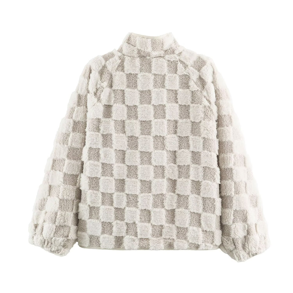 Women's Plaid Plush Stand-Collar Coat