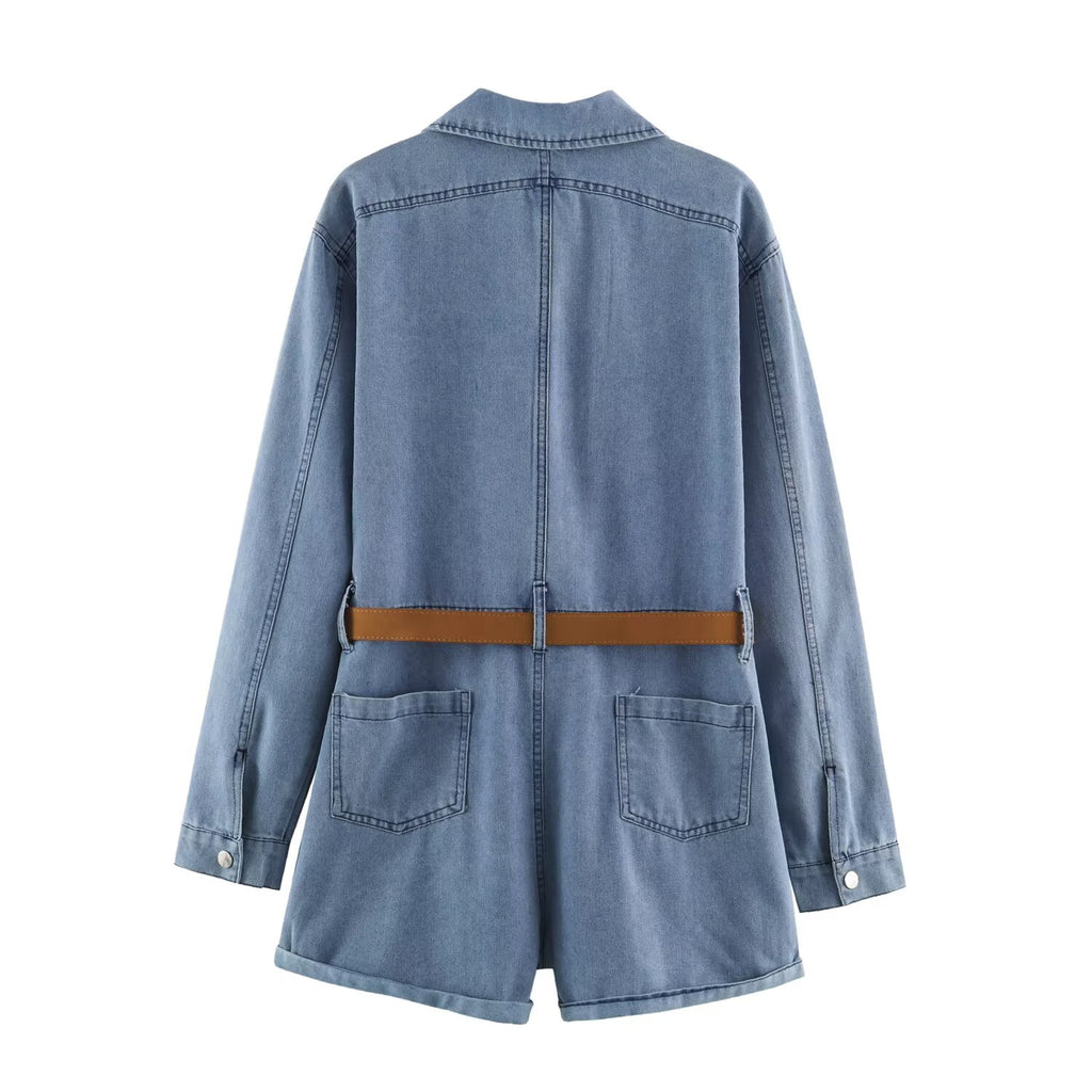 Women's Collared Denim Jumpsuit