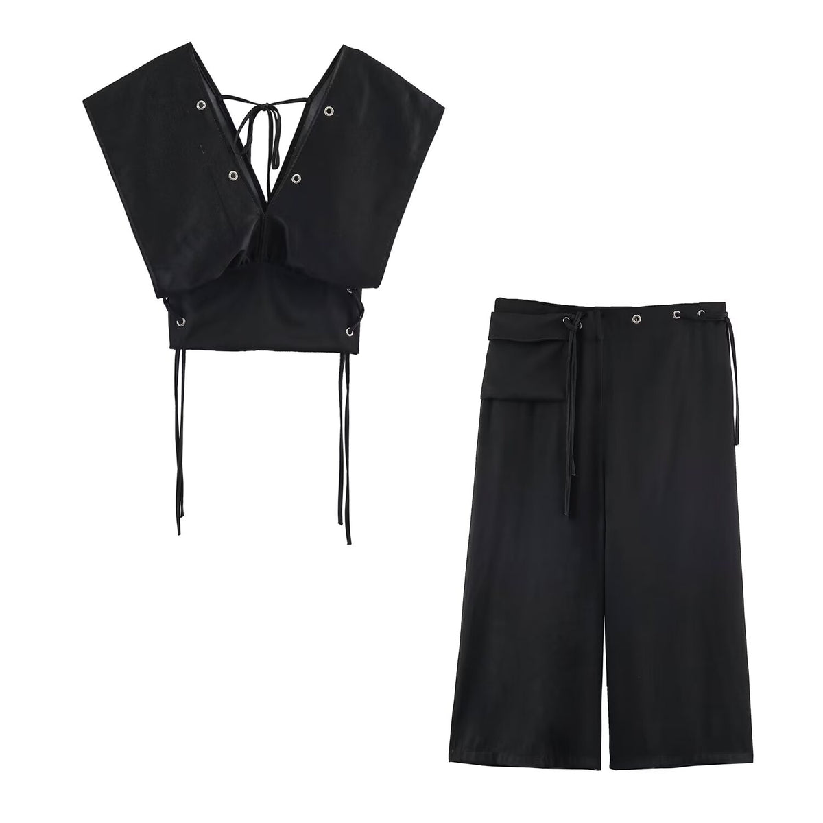 Lace-Up V-Neck Denim Set