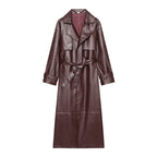 Women's Belted Faux Leather Long Coat