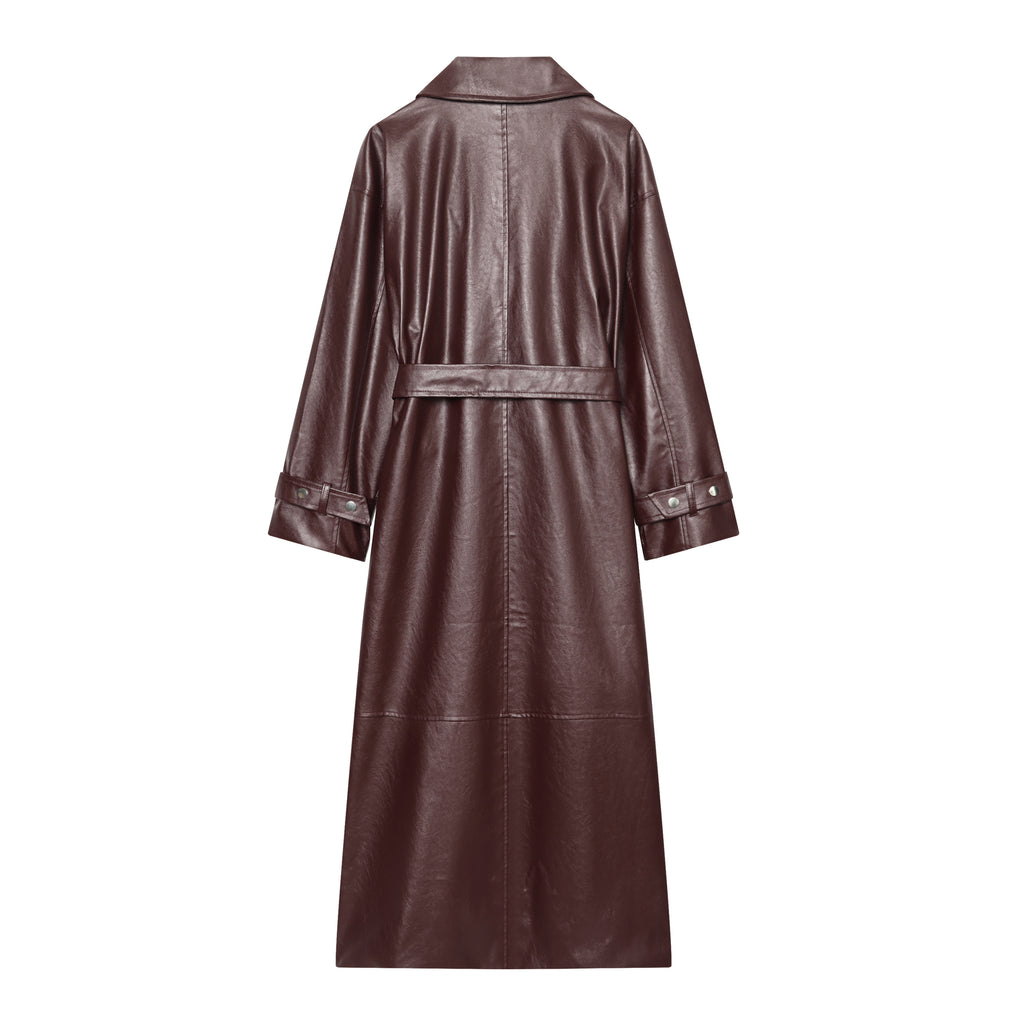 Women's Belted Faux Leather Long Coat