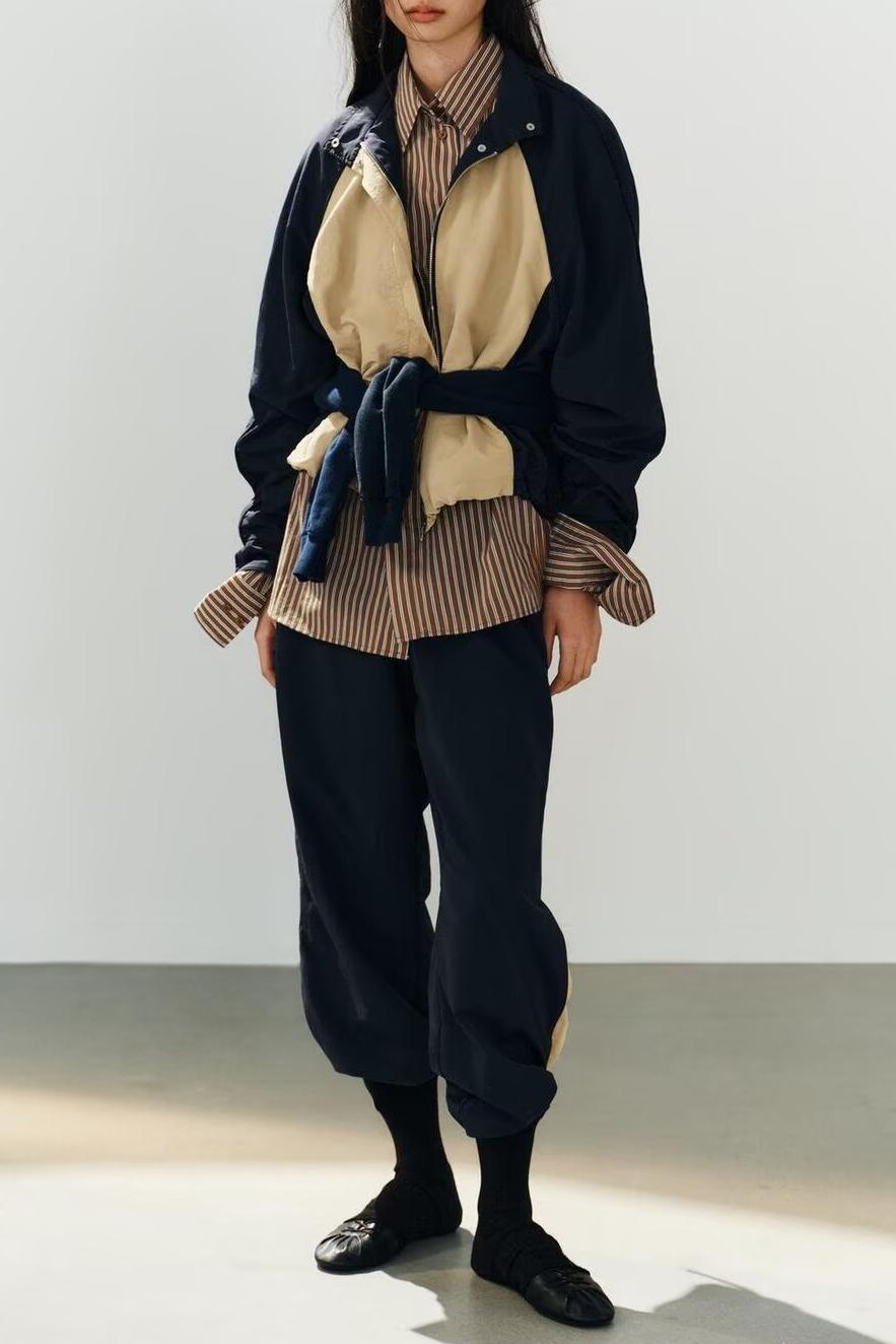 Women's Stand-Collar Jacket & Striped Pants Set