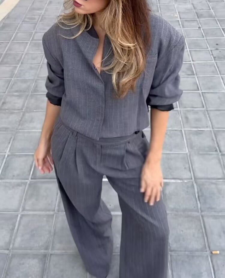 Women's Striped Blazer And Wide-Leg Pants Two-Piece Set