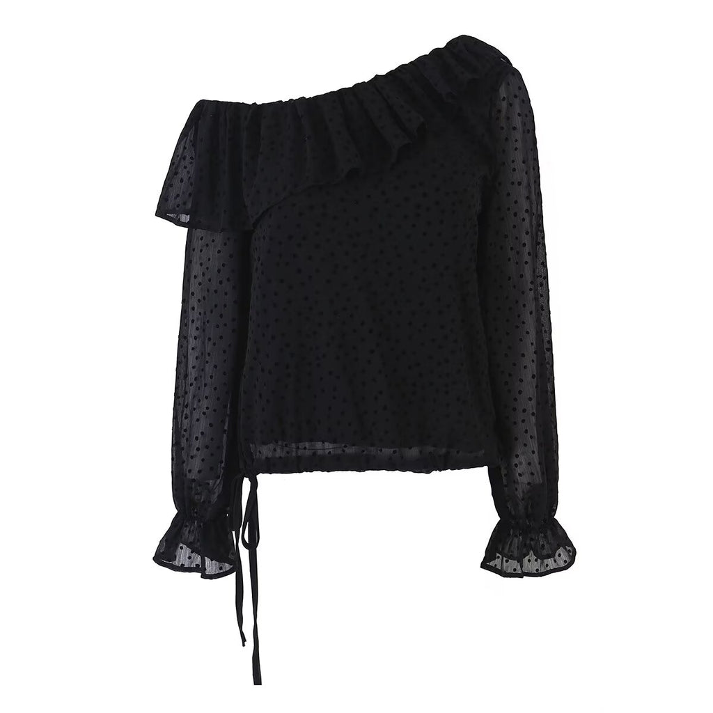 Women's Ruffled Polka Dot Long-Sleeve Top