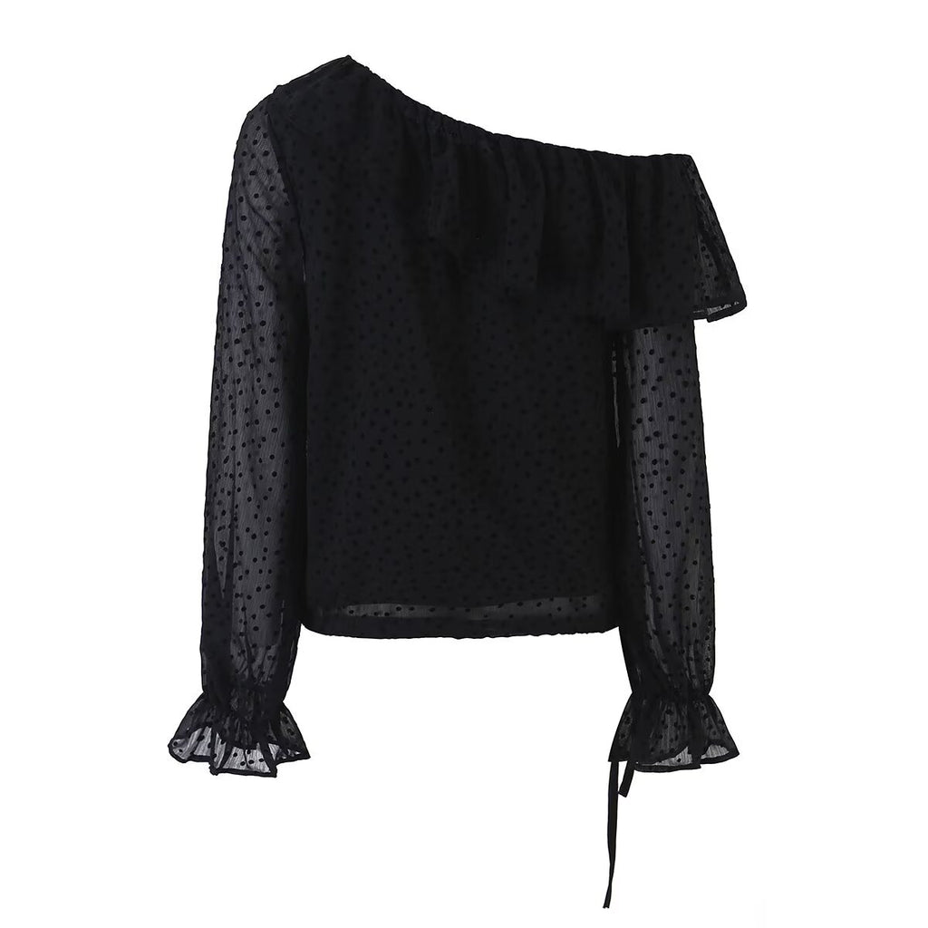 Women's Ruffled Polka Dot Long-Sleeve Top