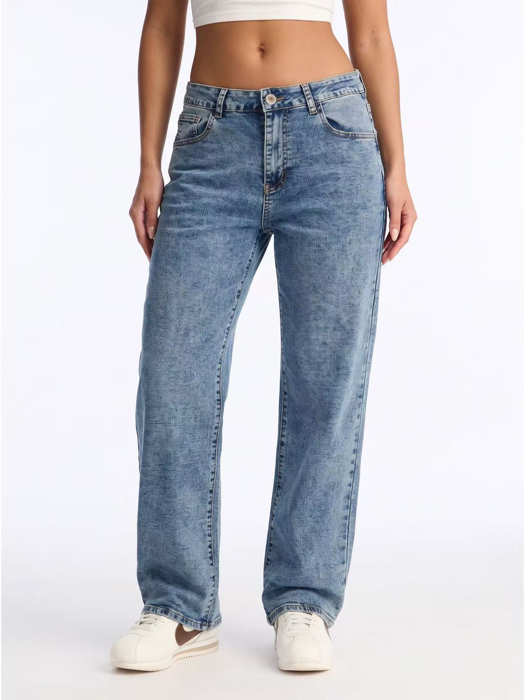 Women's Blue Distressed Straight-Leg Jeans