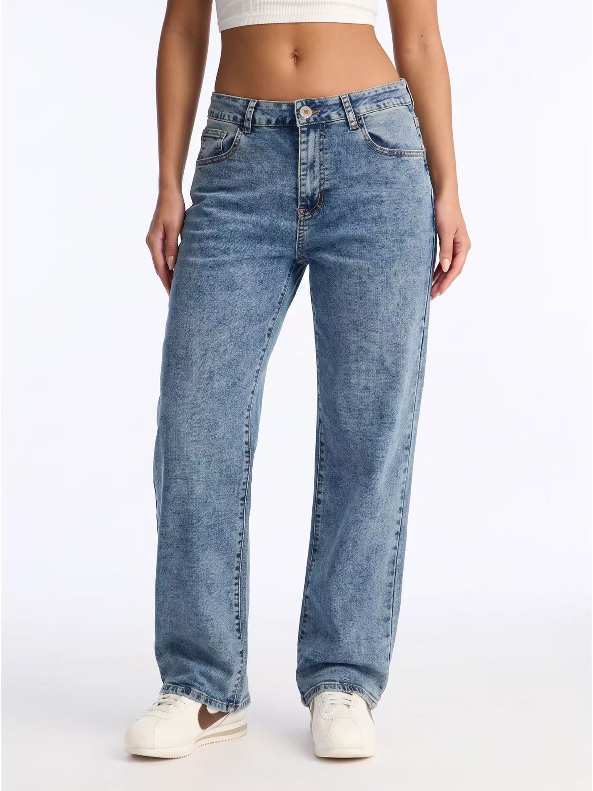 Women's Blue Distressed Straight-Leg Jeans